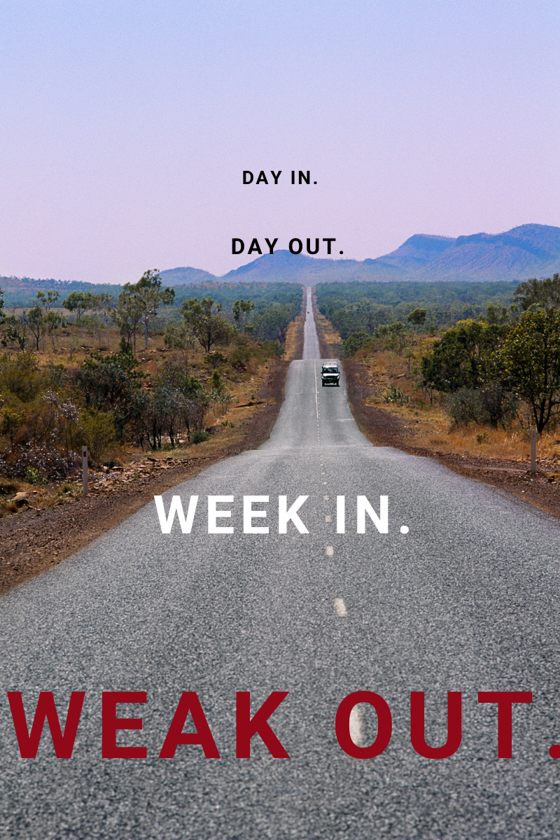 Blog Post Cover - Week in weak out text over car on road.