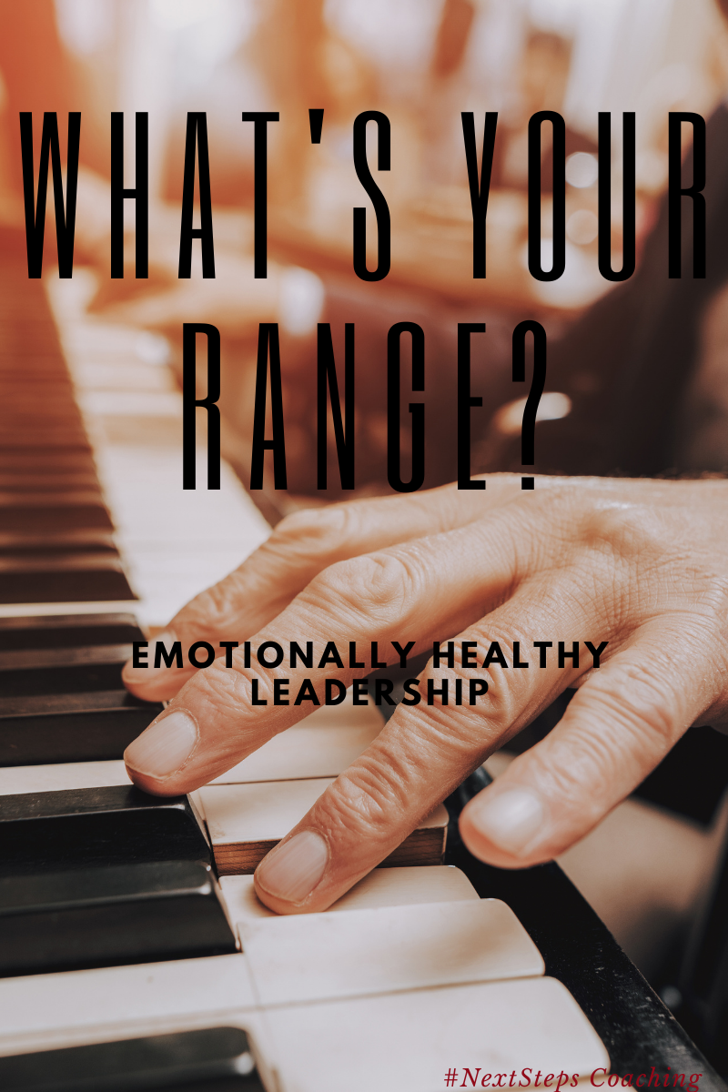 Hands Playing piano with superimposed text saying what's your range? Emotionally Healthy Leadership (Blog Post Cover Picture)