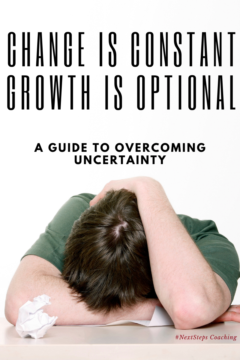 exhausted person with head on desk with overlay text change is constant growth is optional. blog post cover photo