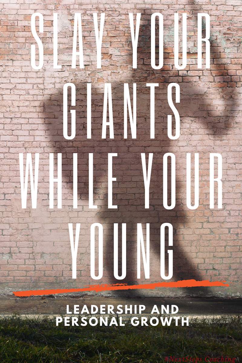 A shadow cast on a brick wall of a giant in armor with overlay text slay your giants while you're young. Blog post cover art.