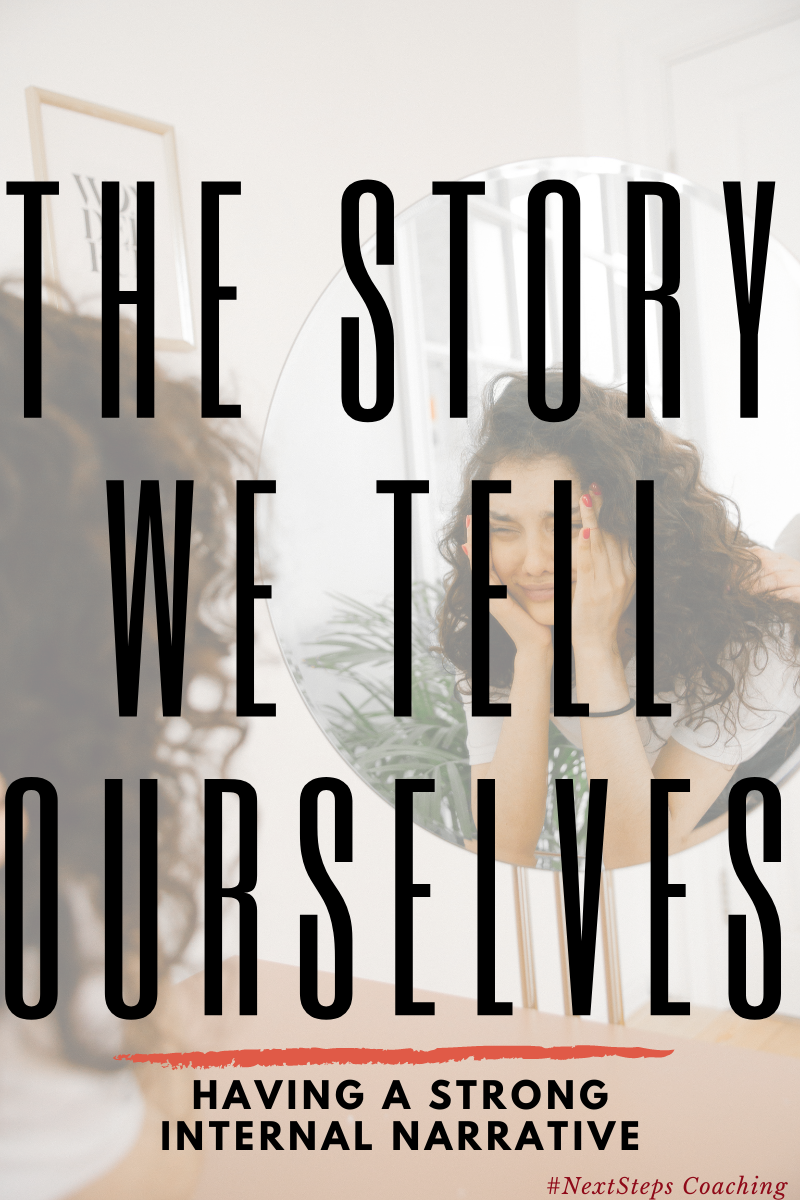 Woman with head in hands looking in the mirror dejected with text overlay the story we tell ourselves. Blog post cover art.